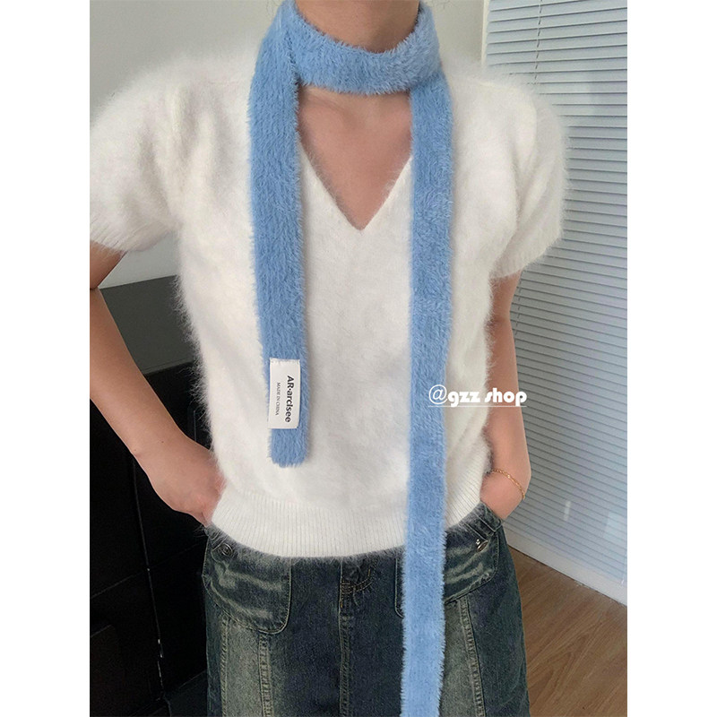 2024新款纯色毛绒小围巾装饰韩系百搭细长条围脖秋冬软糯舒适辣妹