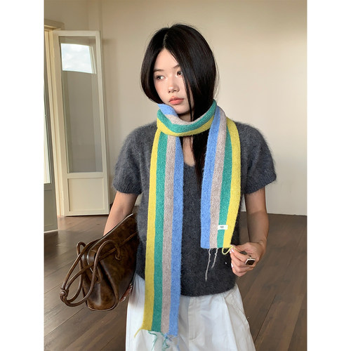 韩国egg拼色细窄长条围巾女秋冬