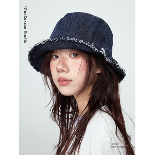 定制牛仔蓝 毛边大帽檐品质帽子渔夫帽女2026新款秋季大头围盆帽
