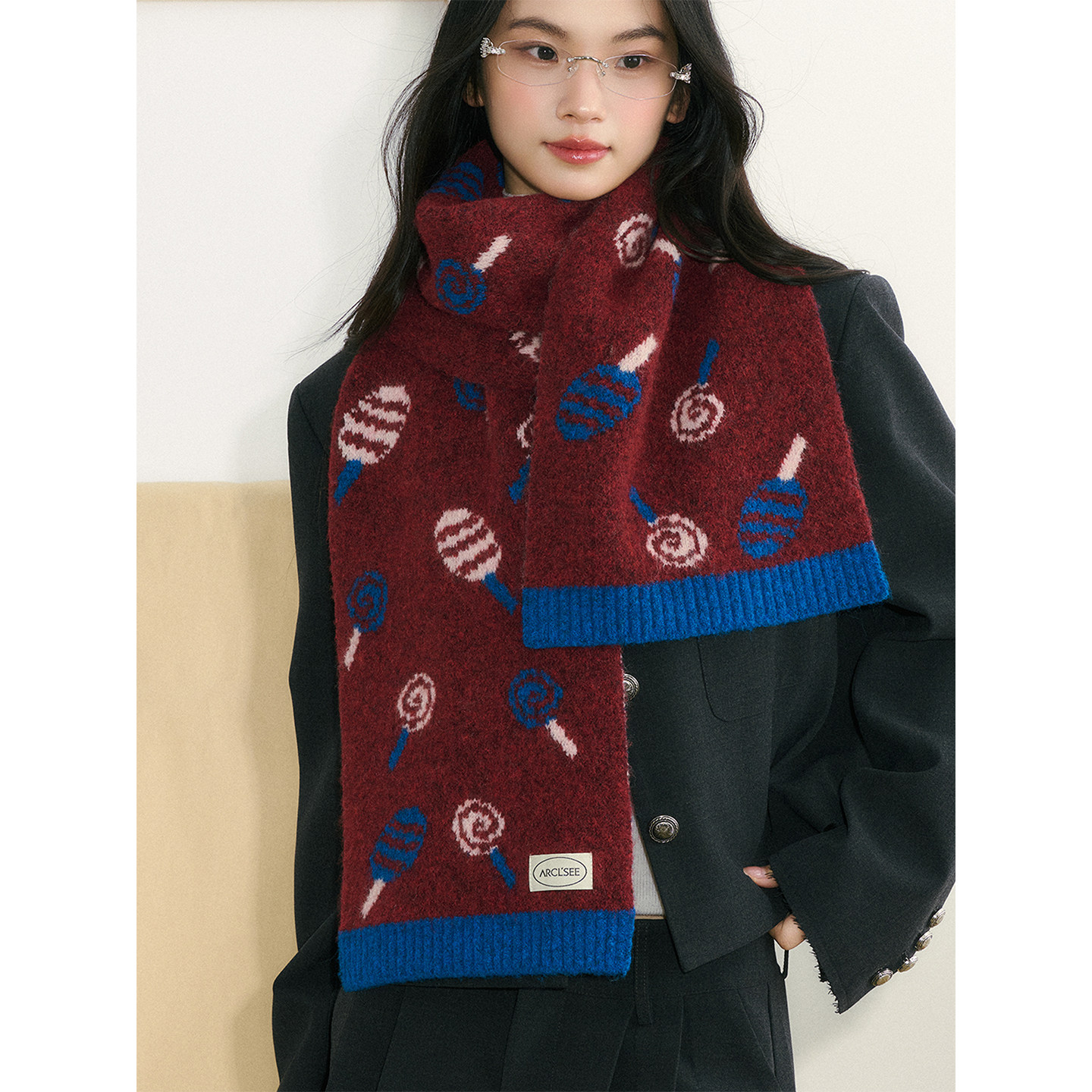 郭佐佐~韩系ins甜美棒棒糖红色围巾女拼色学院风百搭冬季保暖围脖