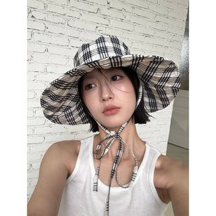 韩系ins格子渔夫帽女夏季薄款户外遮阳防晒帽大帽檐百搭显脸小潮