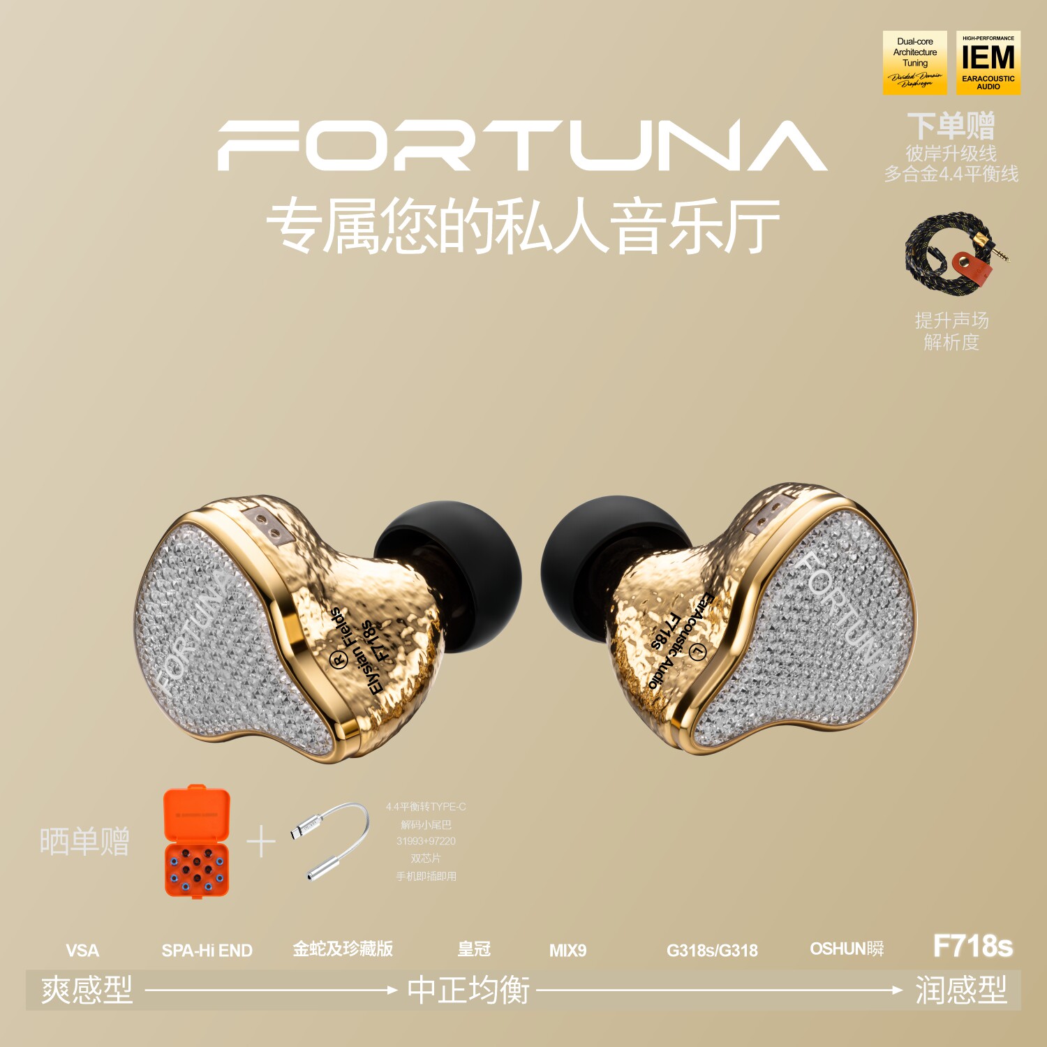 丽弦 锦瑟香也 FORTUNA F718s入耳式有线HIFI钛金旗舰动圈耳机
