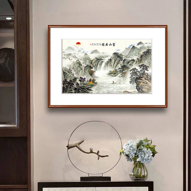 餐厅挂画富山居图山水画新中式小幅实木框国画客厅走廊玄关装饰画