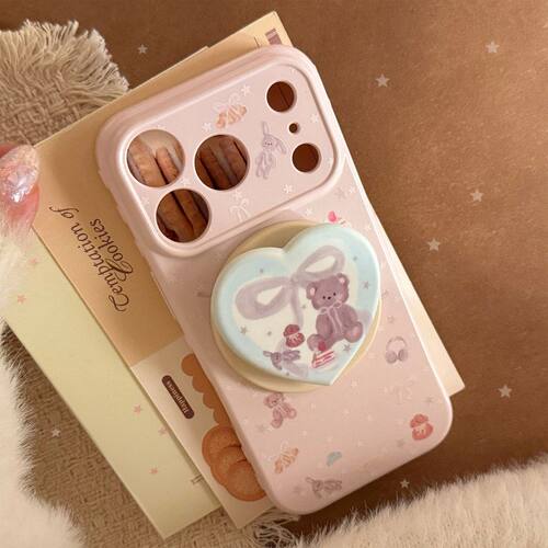 粉色可爱小熊苹果17promax手机壳iphone16磁吸支架15适用13韩系17