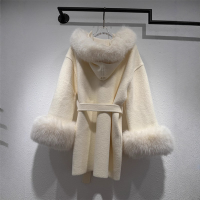 针织呢外套大衣环保毛中长款系带女装设计感外套连帽名媛风