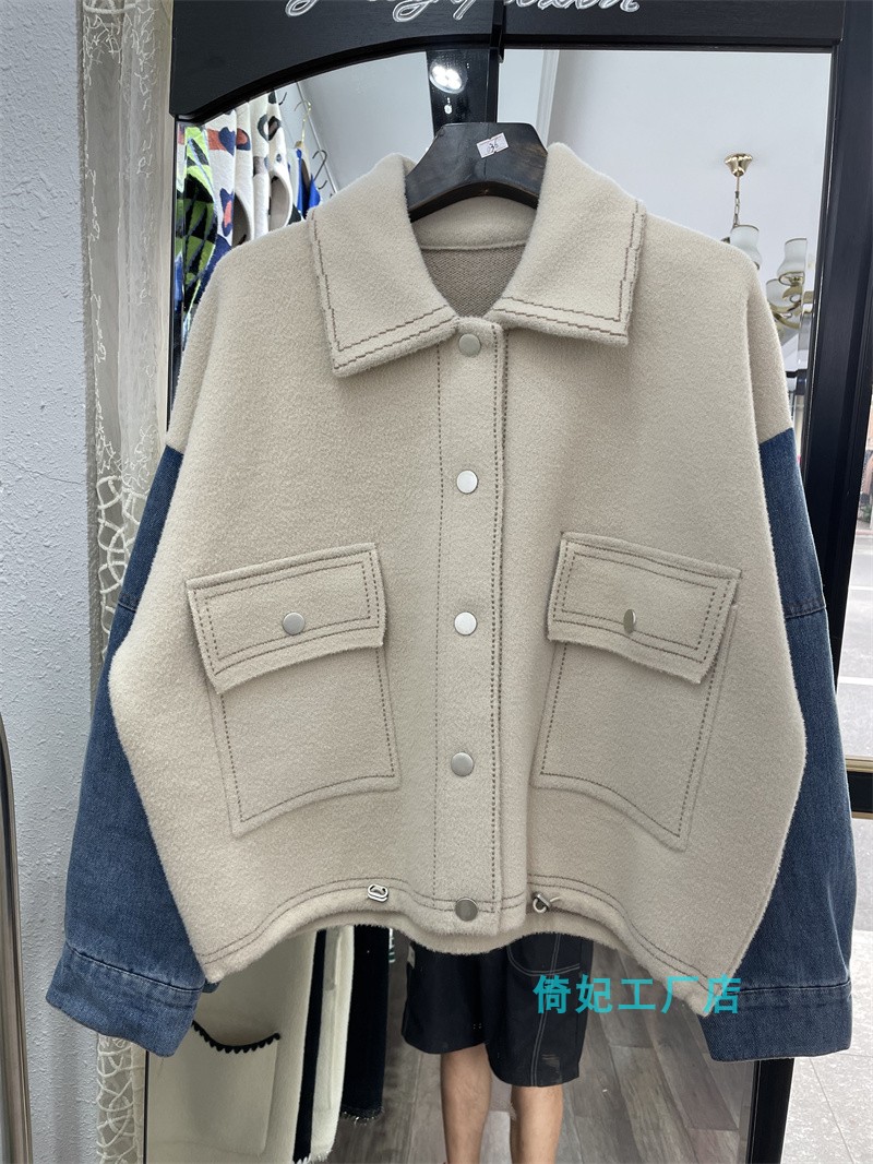 针织牛仔袖开衫宽松大码拼接