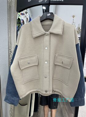 针织牛仔袖开衫宽松大码拼接
