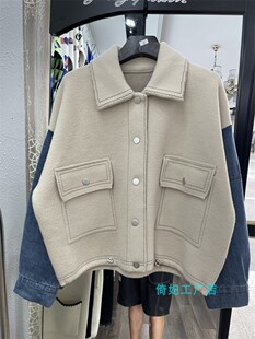 欧洲站2022早秋冬针织开衫拼牛仔袖外套女装新款韩版长袖通勒宽松