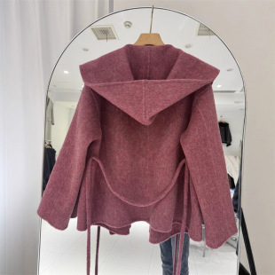 2025秋冬新款韩系羊毛浴袍式连帽双面呢羊绒大衣外套小个子常规款