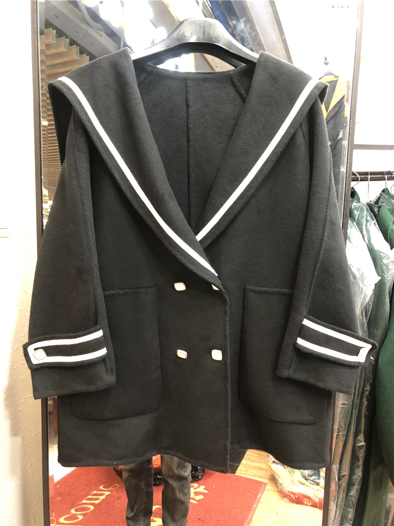 海军领外套双面毛呢大衣韩版双面羊绒大衣女装小香风呢子大衣中长
