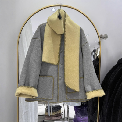 亚马逊女装2025秋冬新款双面尼围巾领宽松休闲外套中长款宽松