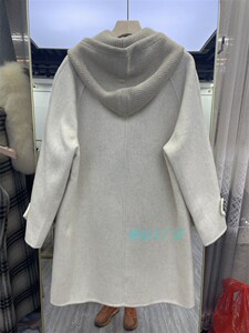 高端定制2023秋冬羊毛大衣女款欧洲站双面呢外套连帽绵羊毛中长款