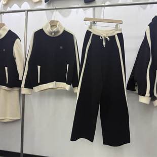 针织加厚拼色仿貂绒裤子宽松针织阔腿裤高腰百搭垂感套装女立领