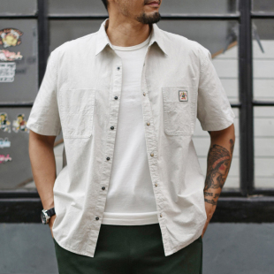 男 流行衬衣 青年男士 沾酱 休闲 衬衫 短袖 复古咔叽 复古条纹短袖