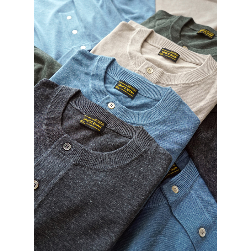 沾酱 毛织亨利领短袖男 宽松百搭男士 美式复古咔叽 针织休闲半袖