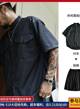 FOLLOW BACK 日系cityboy落肩宽松套装 复古衬衫短裤 户外休闲
