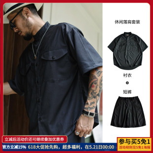 FOLLOW BACK 日系cityboy落肩宽松套装 复古衬衫短裤 户外休闲