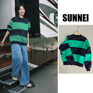 2025春季国内现货SUNNEI条纹撞色拼接字母logo印花圆领卫衣