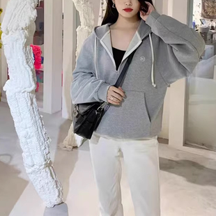 补货现货韩国RECTO刺绣小logo拉链连帽抽绳口袋简约宽松毛圈卫衣