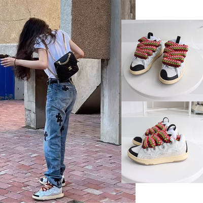 白敬亭同款秀场款现货秋季Lanvin彩带厚底系带休闲鞋面包鞋Curb