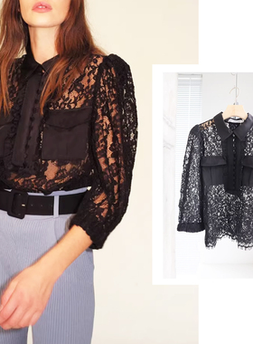 国内现货Self-Portrait立领口袋蕾丝拼接黑色透视长袖衬衫T恤