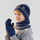 男童保暖帽子围脖手套三件套秋冬加绒针织毛线帽子护耳套头帽滑雪