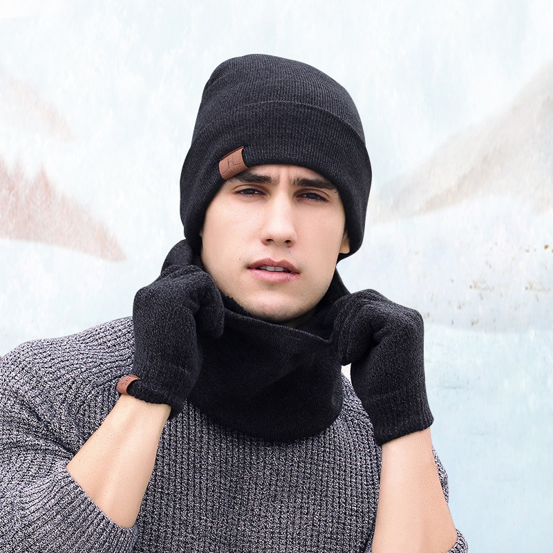 冬季帽子男保暖三件套加绒围脖手套套装针织毛线骑车遮脸护耳冷帽