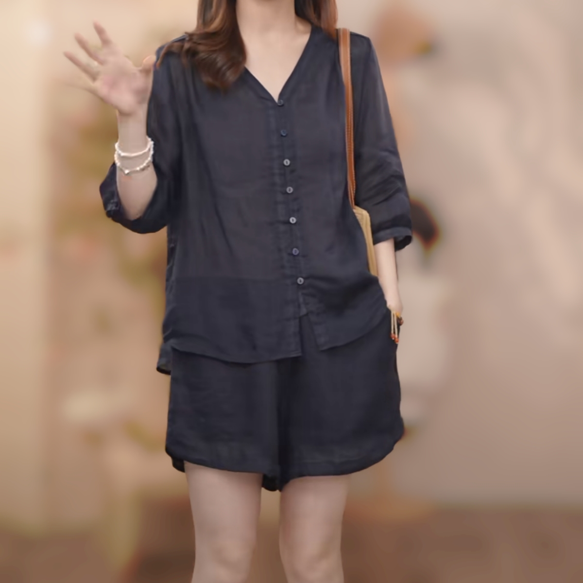 【一一】夏季新款时尚套装女100纯苎麻衬衫上衣+宽松显瘦阔腿裤子