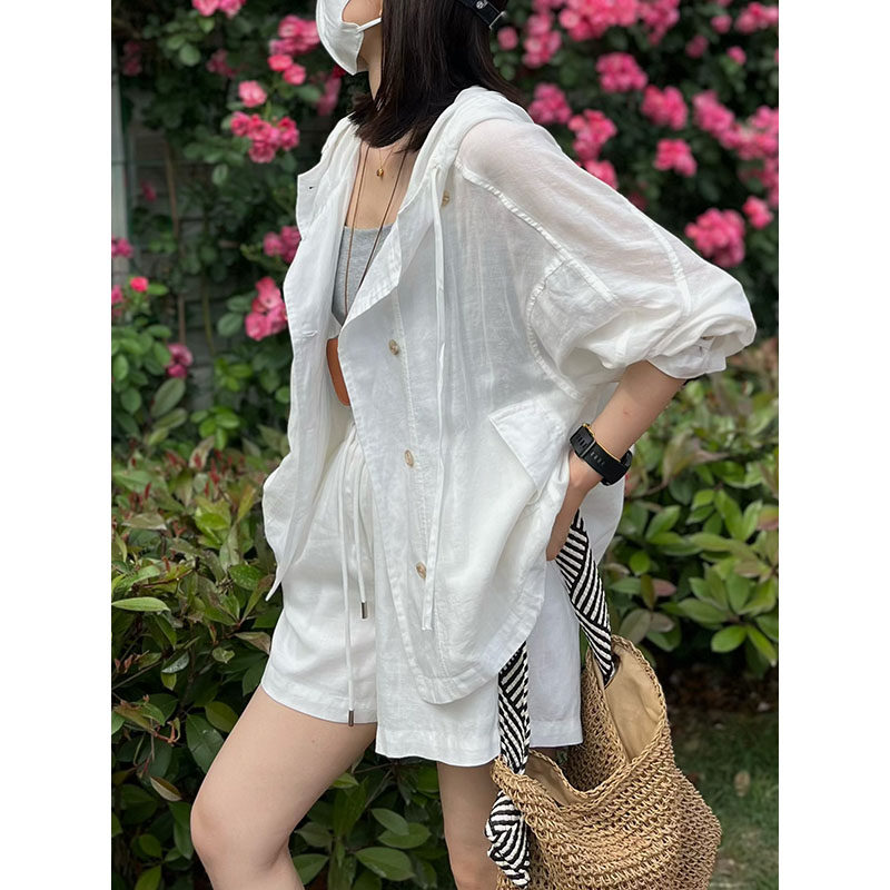 夏款套装清透天丝苎麻连帽防晒衫薄外套空调衫+A字阔腿短裤裙裤