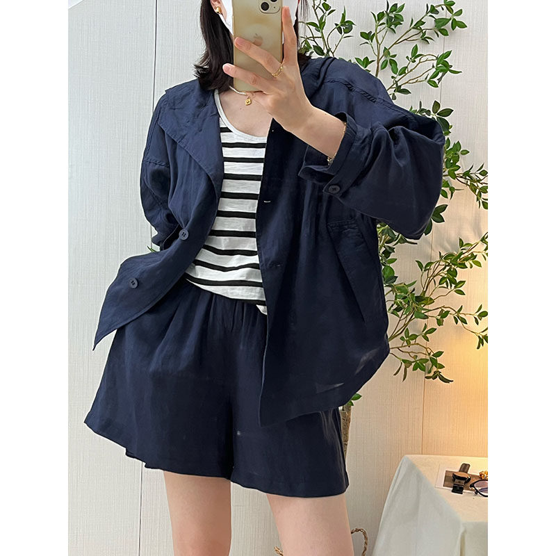 夏款套装清透天丝苎麻连帽防晒衫薄外套空调衫+A字阔腿短裤裙裤