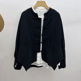 2025秋季新款纯色肌理感休闲宽松长袖外套新中式盘扣女士外披上衣