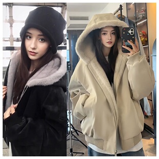 座山雕pu皮衣外套棉服男女情侣款冬季加绒加厚保暖毛领棉衣派克服