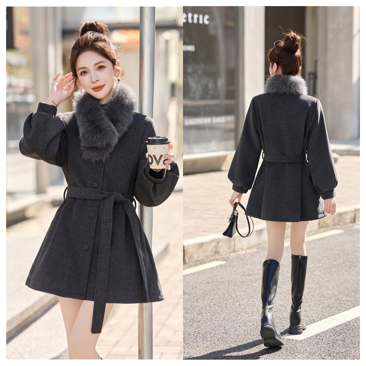 韩系女款狐狸毛领90白鸭绒羽绒服