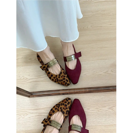 【5/7cm内增高】豹纹方头玛丽珍鞋女秋季新款复古浅口粗跟鞋单鞋