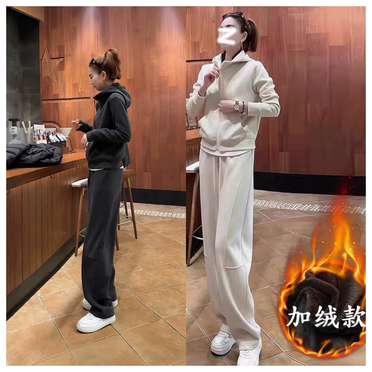 秋冬加绒大码卫衣阔腿裤两件套