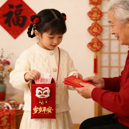 儿童醒狮斜挎包女孩新年礼物2026过年春节卡通马年万元红包零钱包