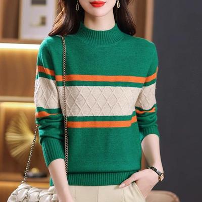 秋冬半高领拼色毛衣女2025年冬装新款宽松洋气内搭短款针织打底衫