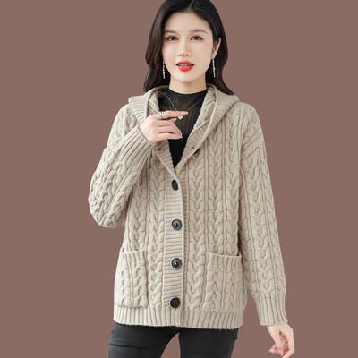 粗线连帽毛衣外套女2025新款宽松外搭羊毛针织加厚开衫秋冬