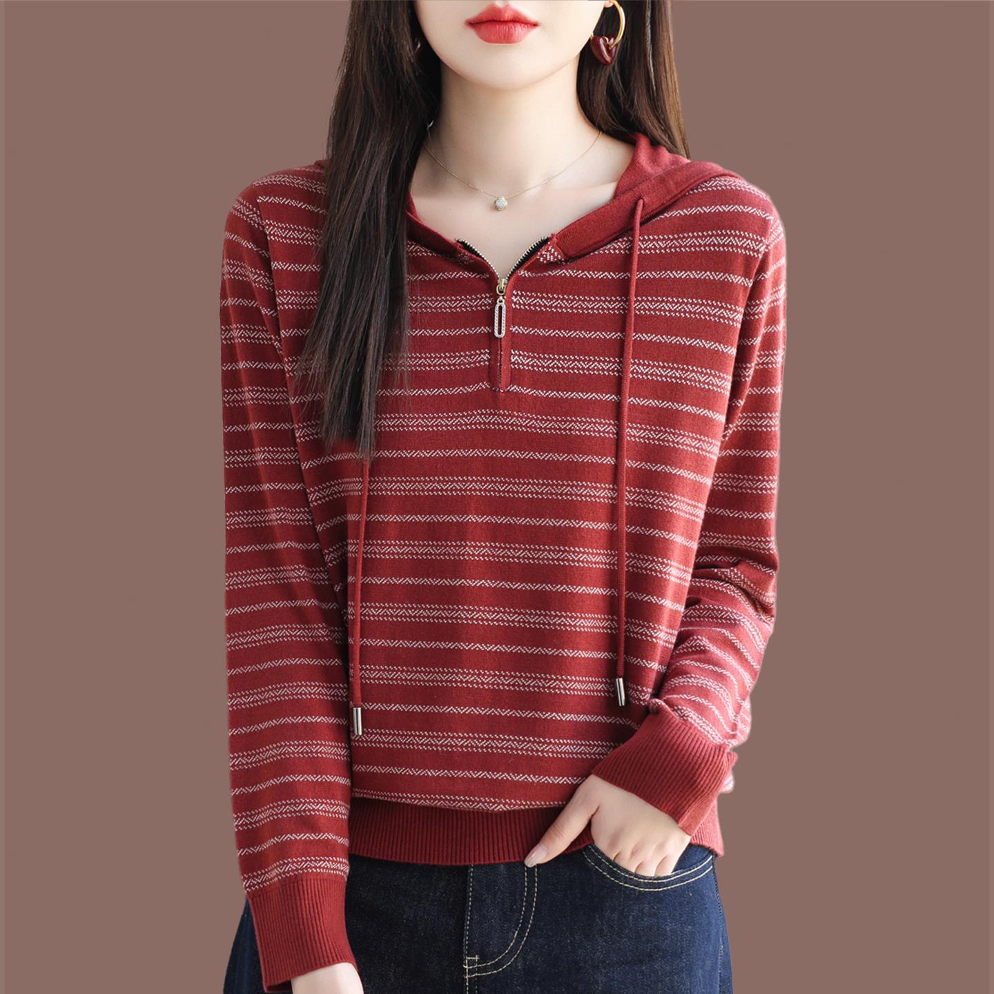 连帽条纹长袖卫衣女春秋2025新款宽松毛衣洋气羊毛针织打底衫上衣