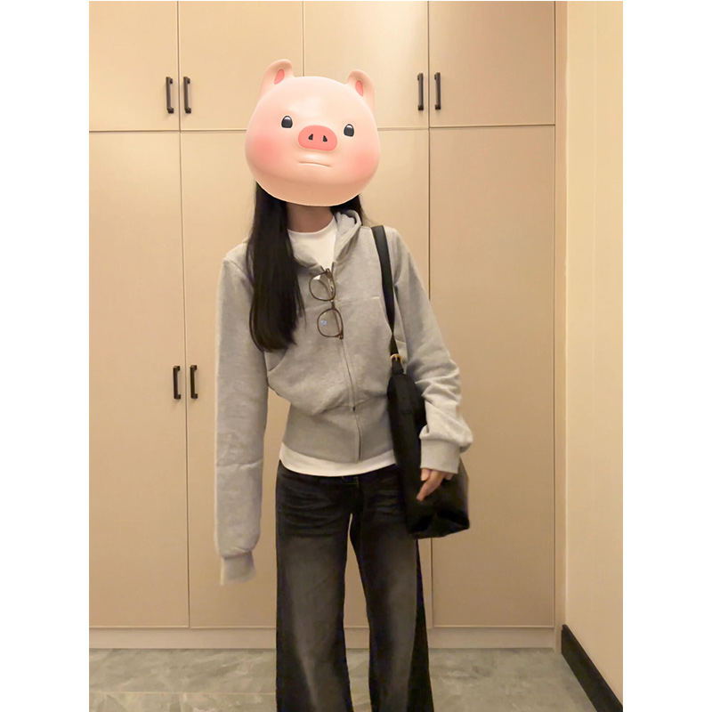 灰色短款卫衣外套女春秋季穿搭韩系早秋chic连帽上衣修身初秋冬厚