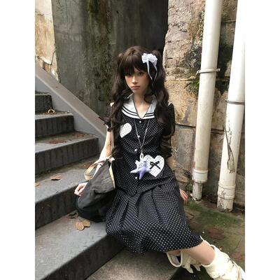 泡泡菠萝油波点日杂套装裙女两件套学院风亚比穿搭连衣裙亚文化裙
