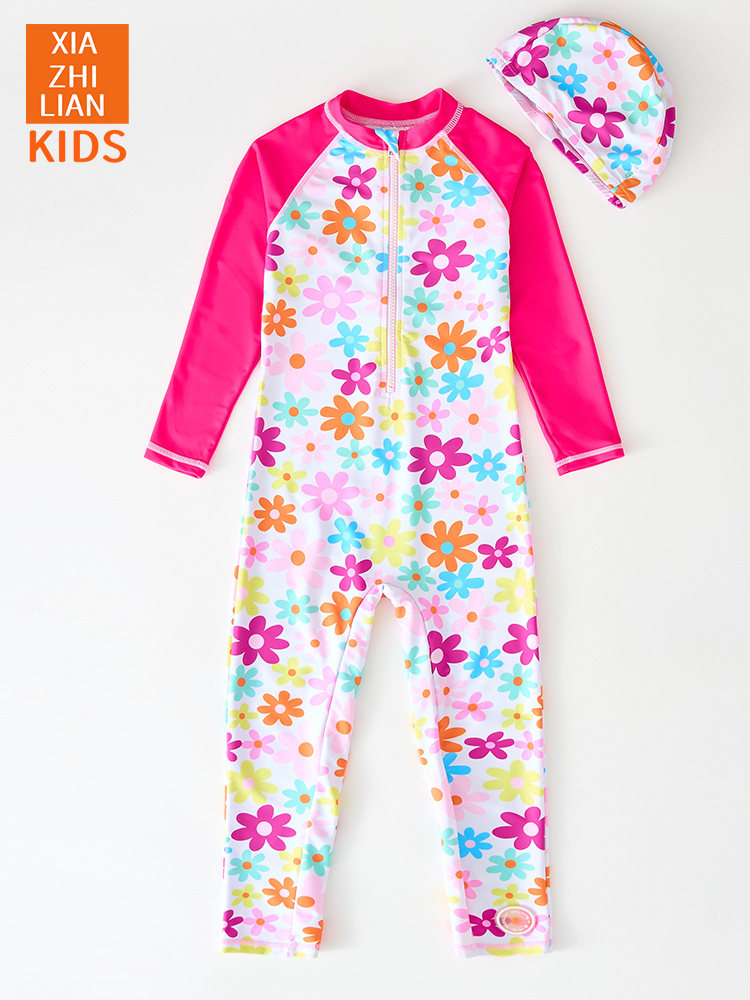 韩国儿童泳衣女童长袖长裤花朵连体游泳衣宝宝防晒冲浪服小童泳装