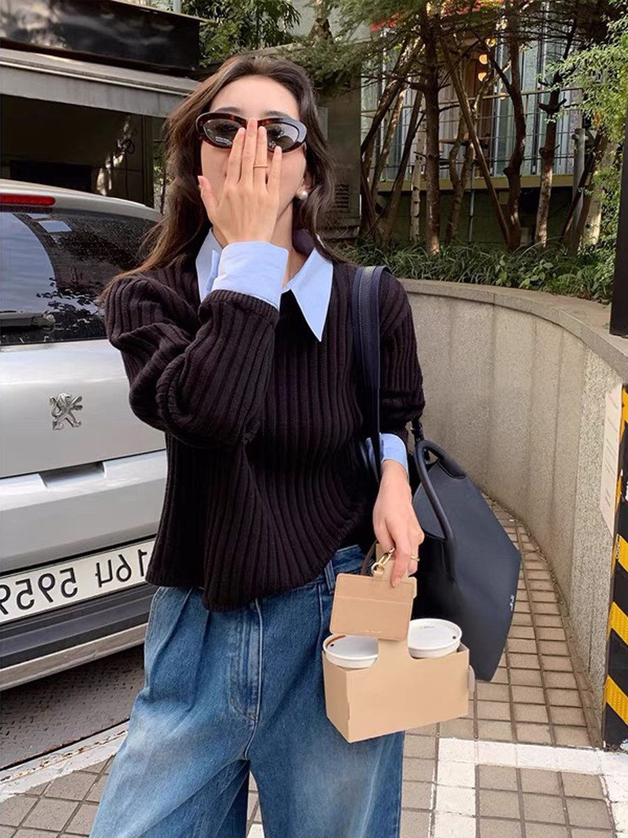 韩系ins风叠穿假两件毛衣！撞色领子可拆软糯厚实百搭针织上衣女