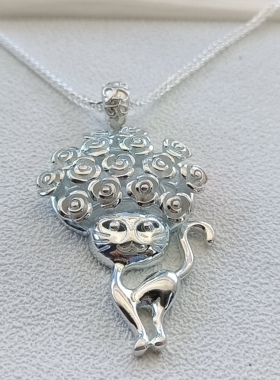 990足银玫瑰幸福加菲猫吊坠女士项链挂坠大方时尚日韩银项链