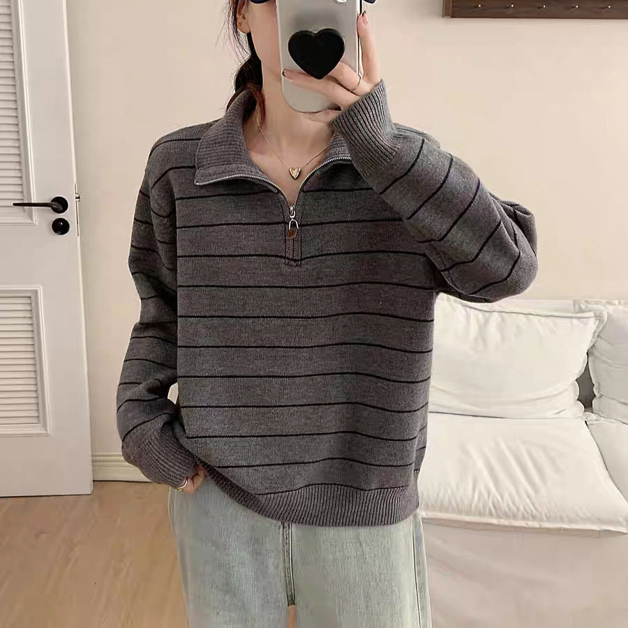 韩系撞色条纹设计2025秋季新款时尚百搭宽松半拉链套头毛衣 女款