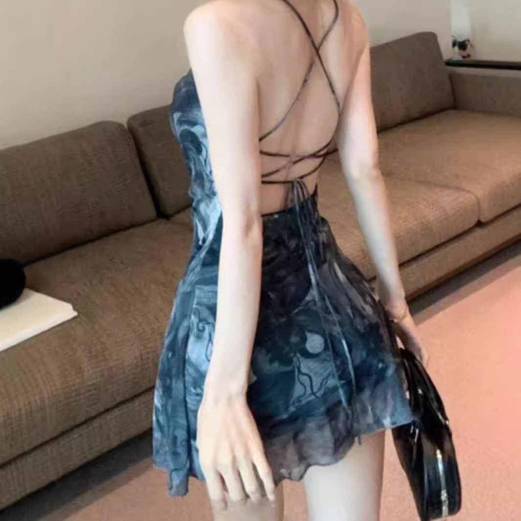 网纱新款美背系带吊带连衣裙扎染复古牛仔交叉气质短裙收腰chic