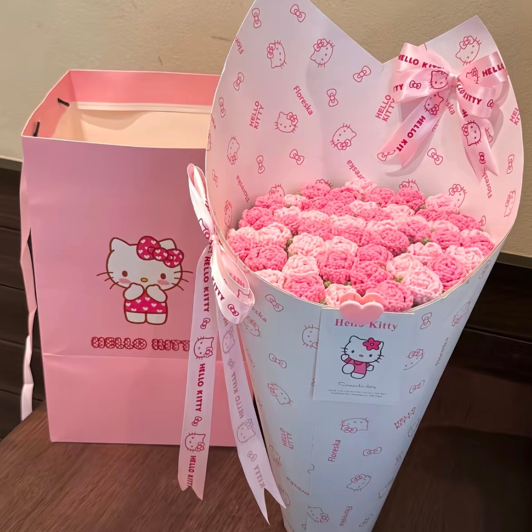 DIY玫瑰花束粉色Hello Kitty创意毛线钩织材料包手工浪漫礼物