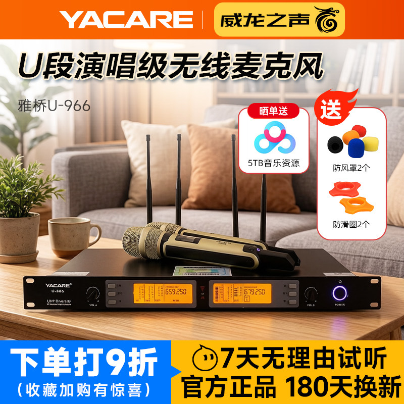 Yacare/雅桥 U-966无线话筒一拖二家用会议KTV直播麦克风k歌套装