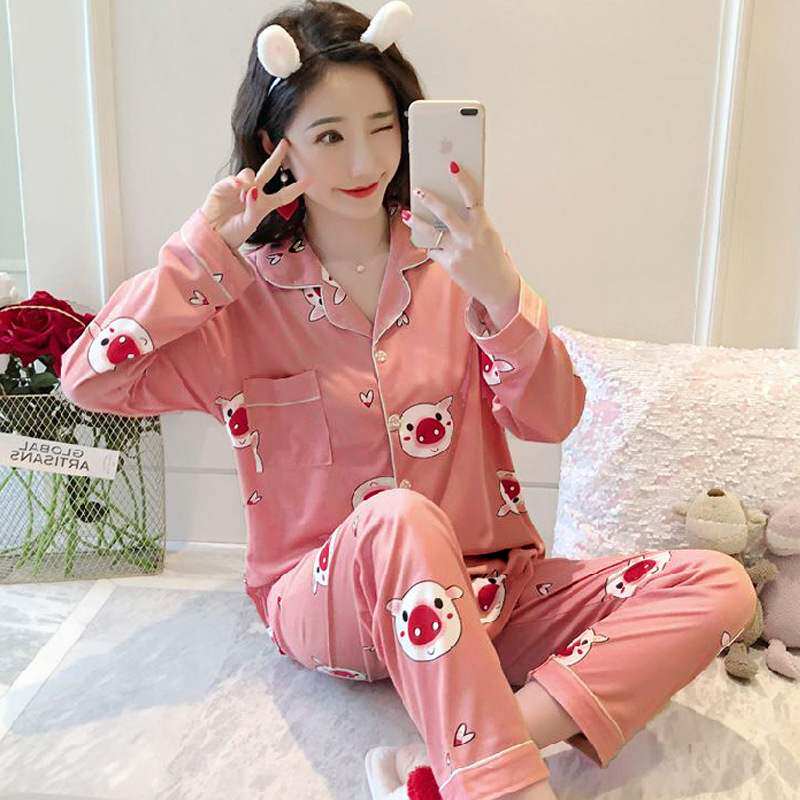 卡通小猪睡衣女春秋季开衫长袖套装甜美少女小个子家居服