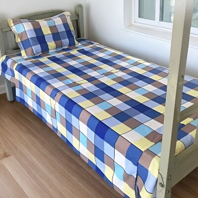 全棉斜纹 单人床单三件套学生宿舍被罩养老院被套 彩回格 褥单3件